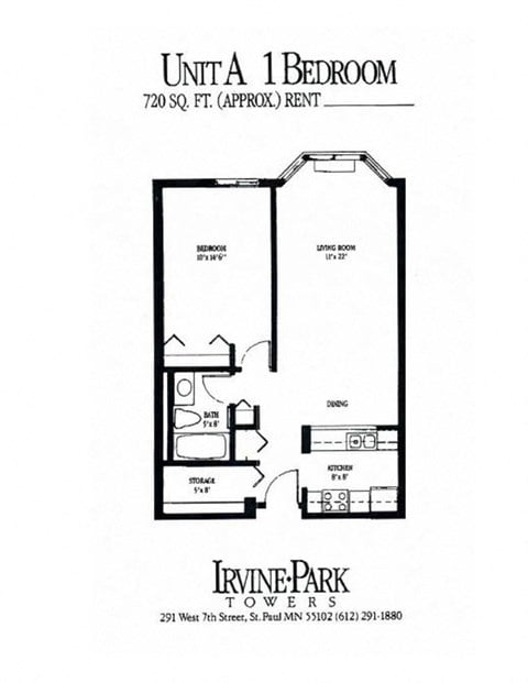 Floor plan for 1 bed, 1 bath, 720 sqft